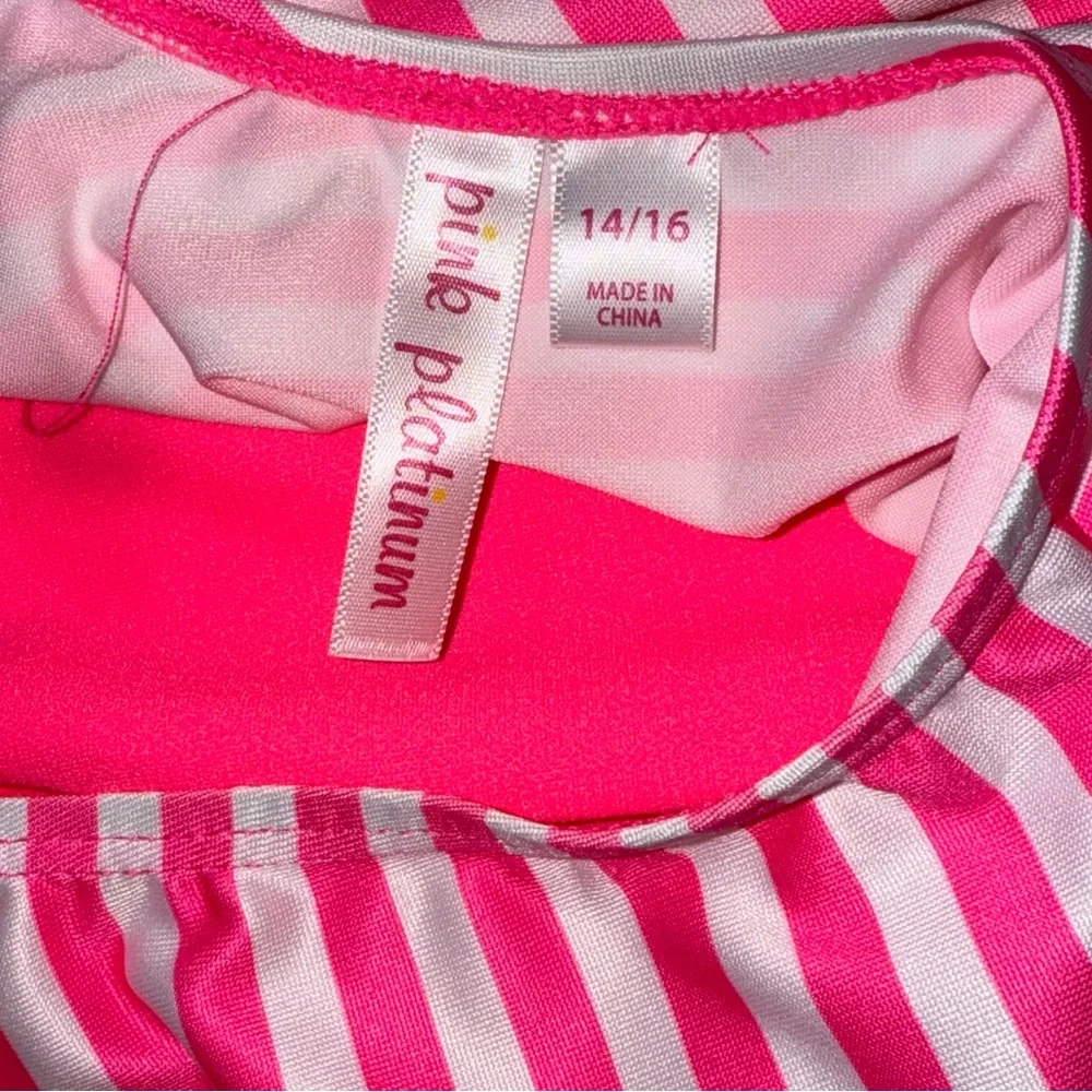 Girls 14/16 Pink Platinum Hot Pink Striped 1 Pc Swimsuit Rash Guard - NWT